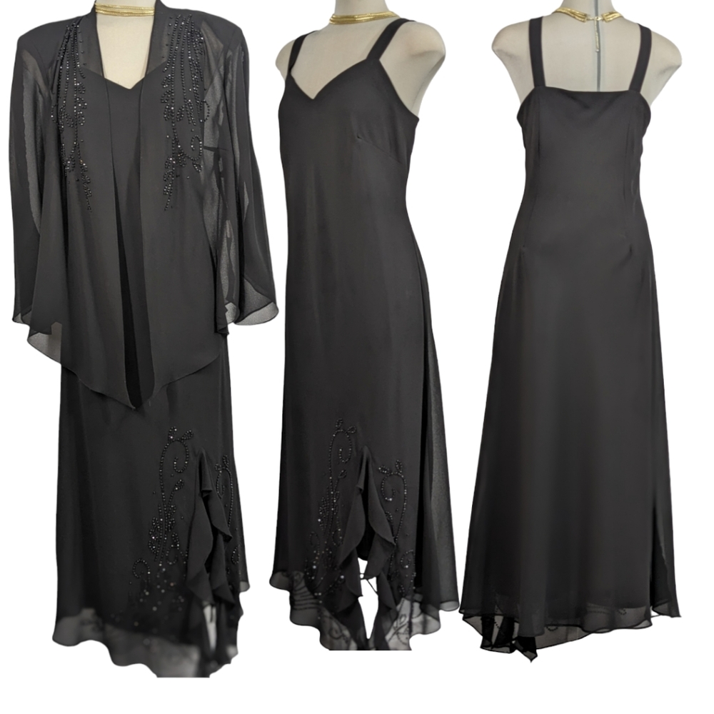 R&M Richards Designer Luxury Black Beaded Two Pieces Chiffon Formal Dress S 14